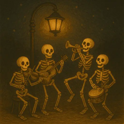 A band of skeletons playing musical instruments in a graveyard