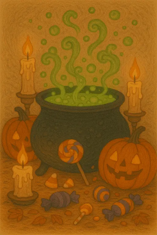 A bubbling witch's cauldron glowing with green magical potion