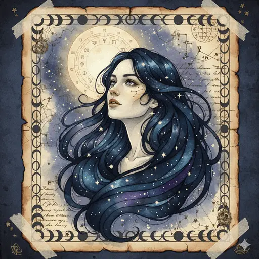 A celestial witch surrounded by stars and a crescent moon.