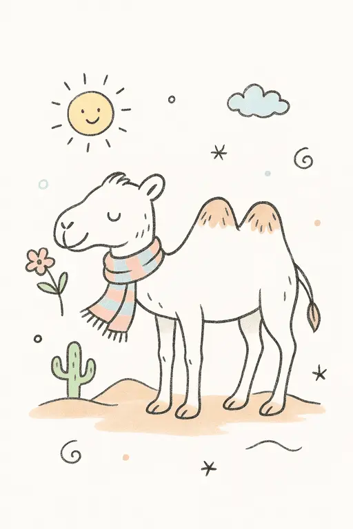 A cheerful camel walking across sunny desert sand dunes