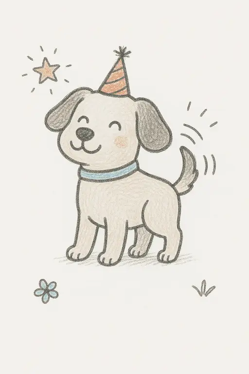 A cheerful puppy wearing a colorful party hat.
