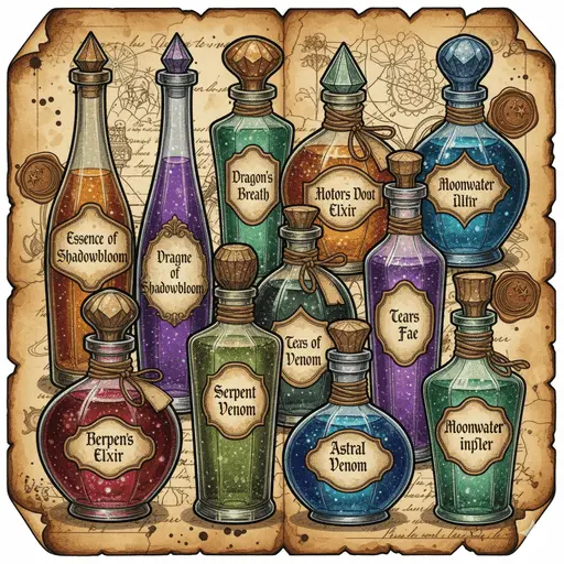 A collection of dusty antique potion bottles filled with colorful liquids.