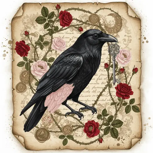 A dark raven holding a shiny silver key in its beak.