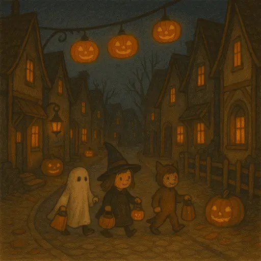 A decorated village street glowing with festive Halloween decorations