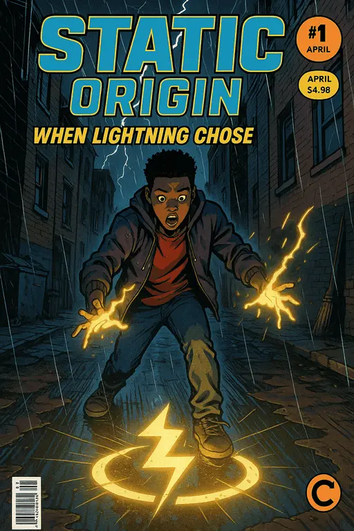 A dramatic scene of a character surrounded by crackling blue electricity