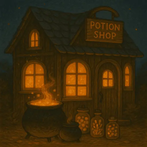 A dusty potion shop filled with glowing bottles and ingredients