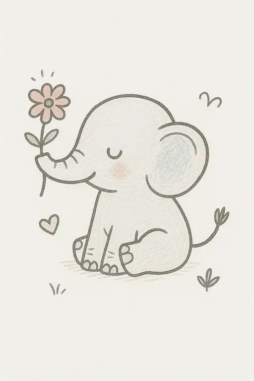 A gentle baby elephant surrounded by blooming flowers.