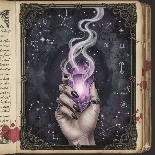 A glowing crystal ball resting on a witch's wooden table.