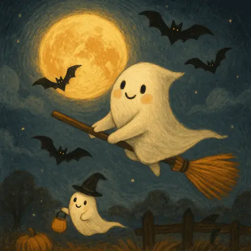 A glowing phantom figure riding across the dark midnight sky