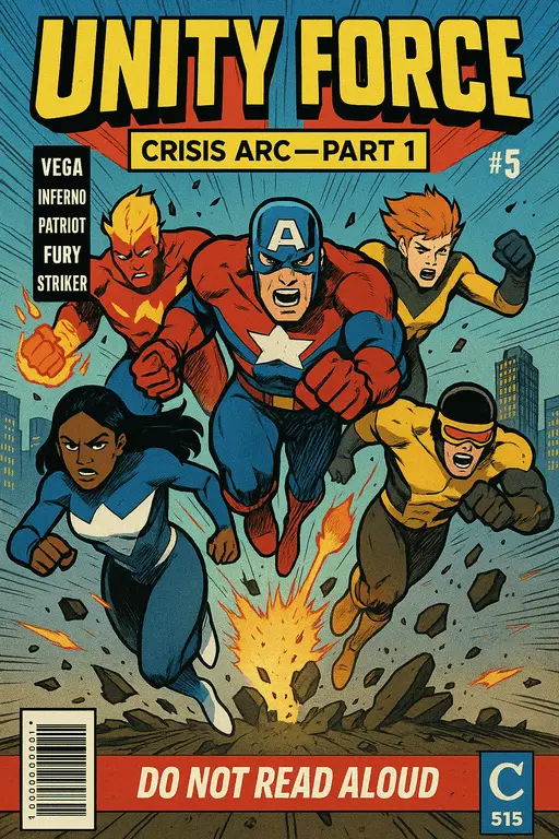 A group of diverse superheroes standing together in a heroic pose