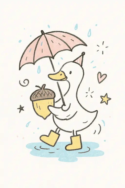 A happy duckling splashing in puddles during the rain.