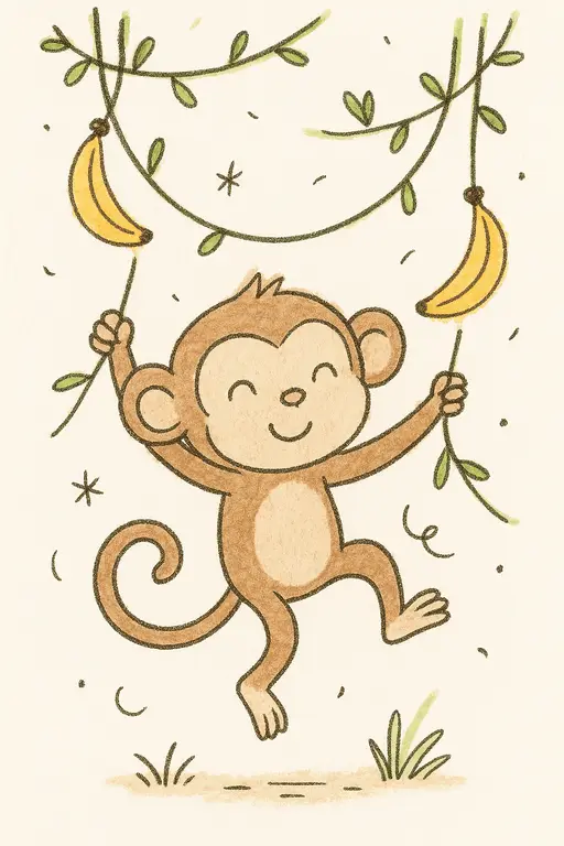 A happy little monkey swinging joyfully from a jungle vine