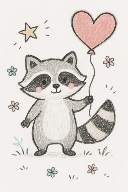 A mischievous raccoon holding a heart-shaped balloon.