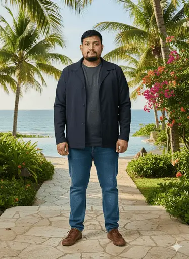 A person edited into a luxurious exotic resort background.