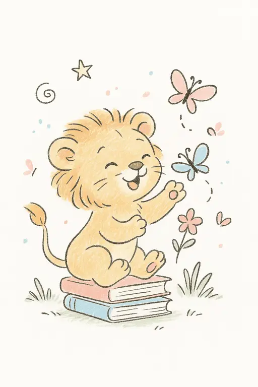 A playful baby lion cub sitting and smiling.