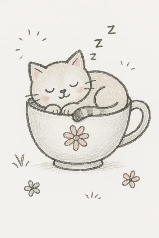 A sleepy kitten resting inside a small teacup.