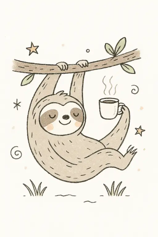 A sleepy sloth holding a warm cup of coffee.