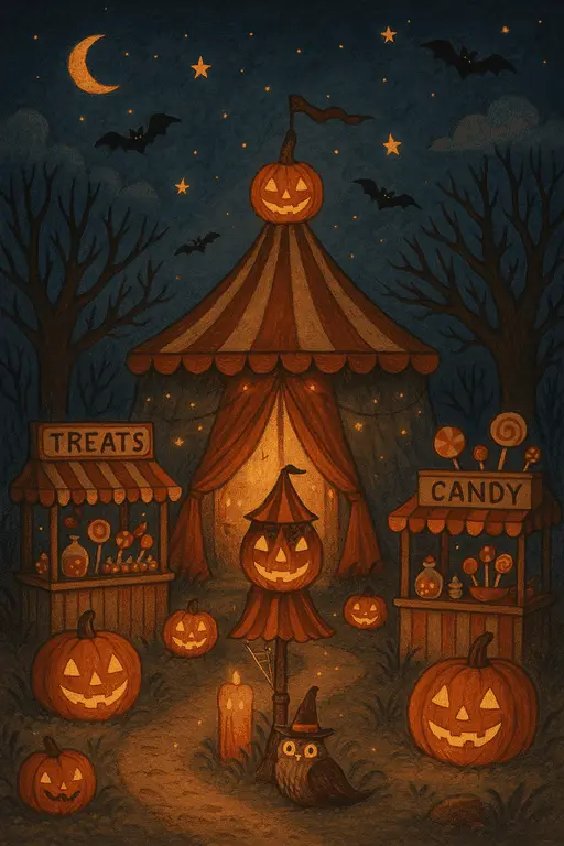 A spooky, dimly lit carnival with shadows under the moonlight