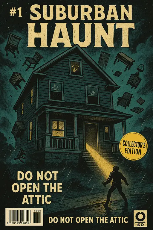 A spooky old house at night with glowing windows and shadows