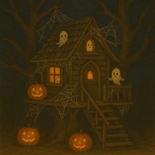 A spooky wooden treehouse surrounded by glowing, whispering spirits