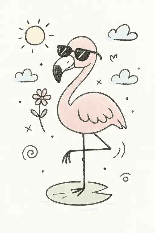 A stylish pink flamingo wearing bright sunglasses standing on one leg