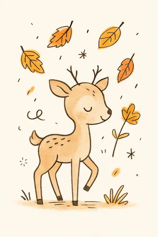 A sweet deer wearing a cozy scarf surrounded by autumn leaves