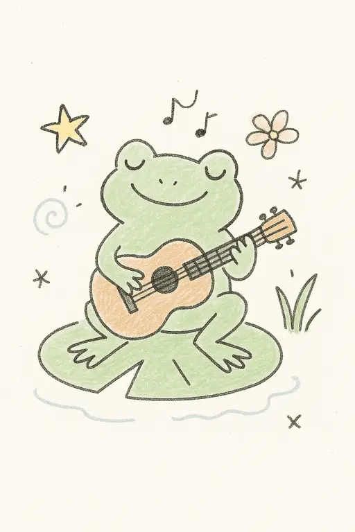 A tiny frog playing a guitar on a lilypad.