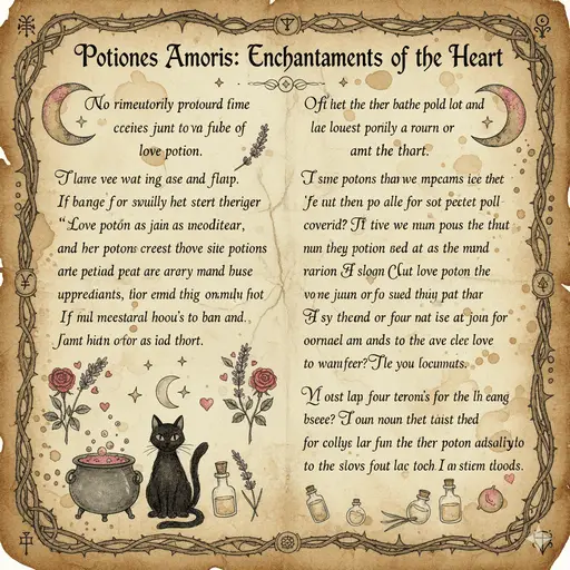 A vintage open spellbook showing love spells and dried flowers.