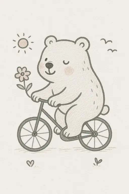 A whimsical bear riding a small bicycle.