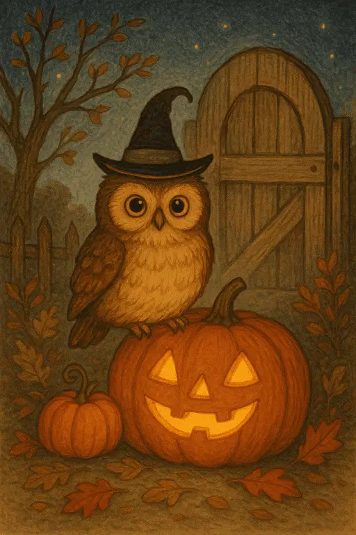 A wise owl wearing a pointed black witch's hat