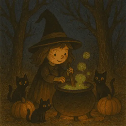 A young witch walking through a foggy, mysterious forest