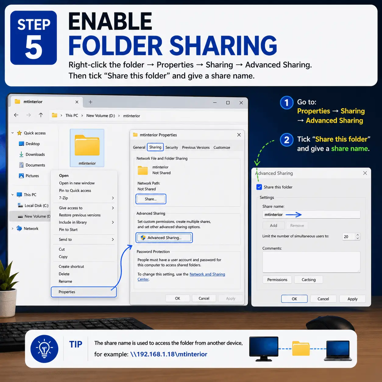 Advanced Sharing dialog box with Share this folder checkbox enabled