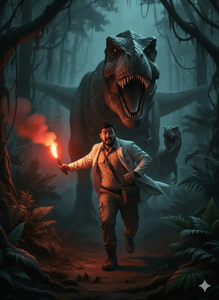Adventure portrait set in a dense, misty prehistoric jungle environment.