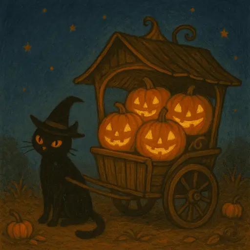 An old wooden cart filled with glowing, mysterious Halloween pumpkins