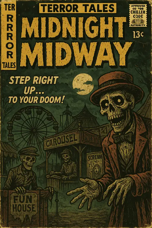 An ominous, shadowy figure lurking near bright, colorful carnival lights