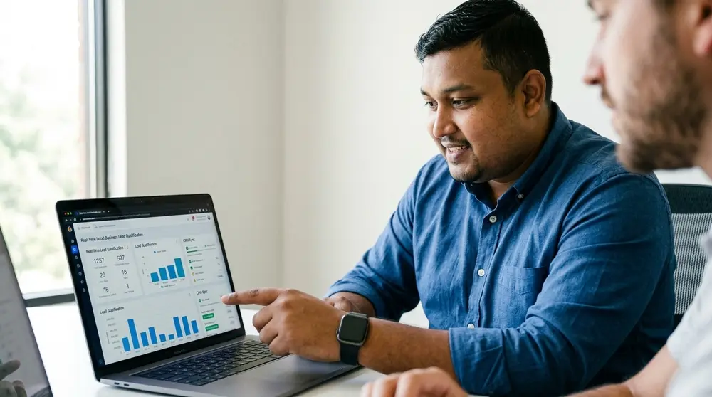 Analytics dashboard illustrating local lead qualification metrics and automated CRM data intake.