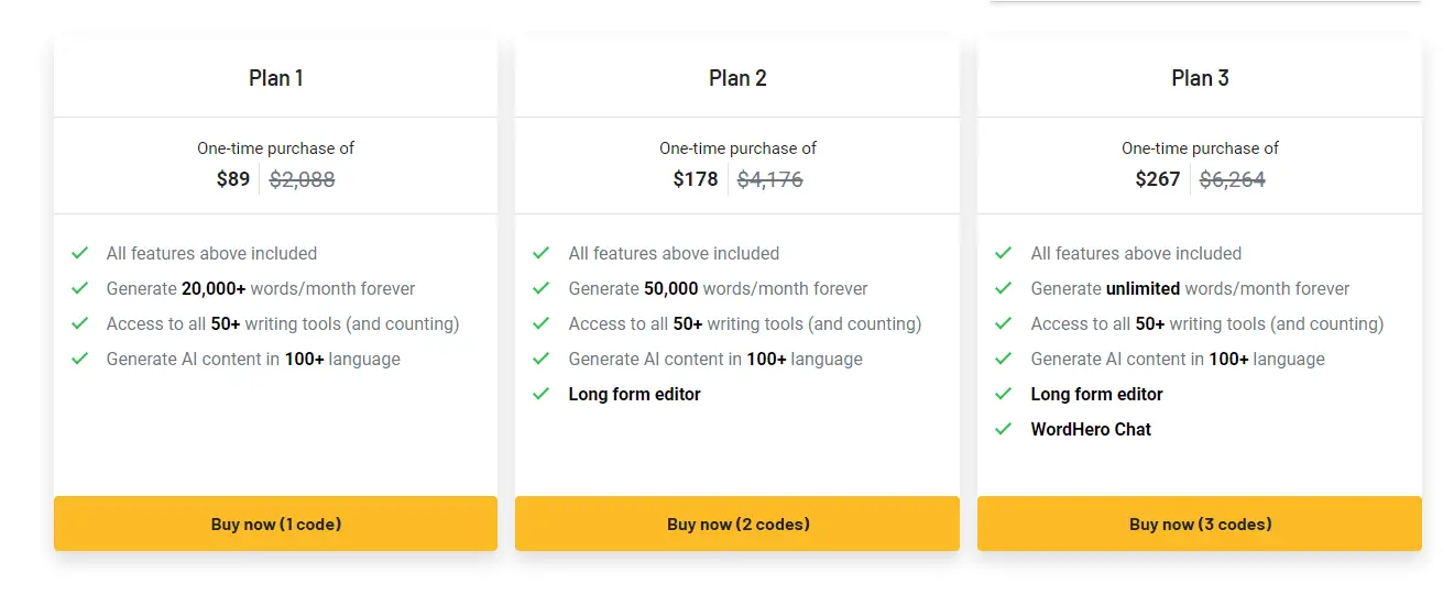 AppSumo deal offer and pricing options for WordHero software.
