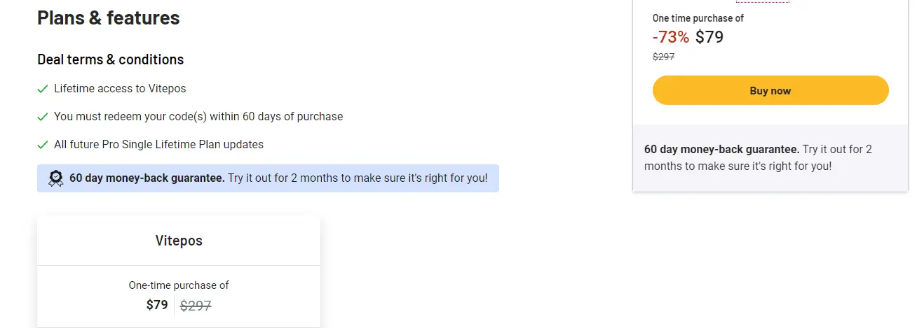 AppSumo lifetime deal offer details for Vitepos