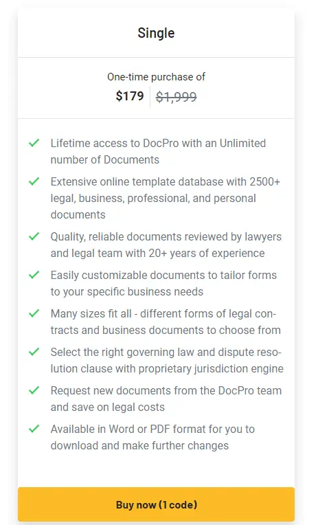 AppSumo lifetime deal offer page for DocPro legal documents.
