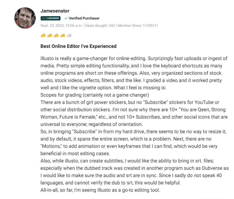 AppSumo user rating and review for Illusto video software.