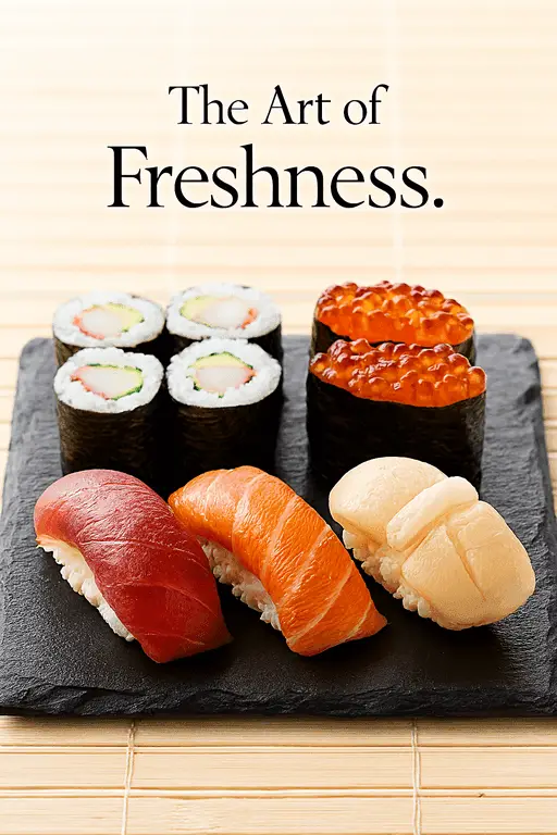 Artistically arranged sushi rolls with fresh salmon and avocado slices.