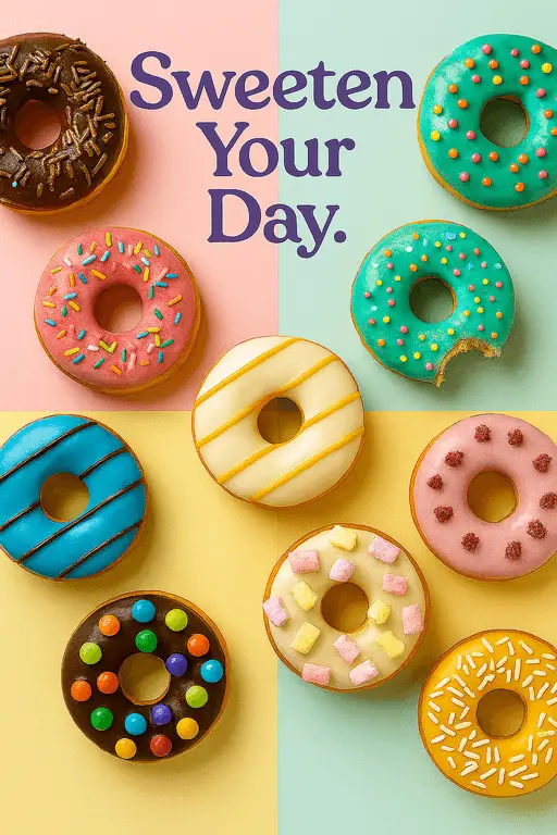 Assortment of vibrant donuts with colorful frosting and sprinkles