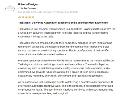 Authentic customer review regarding the TaskMagic lifetime deal experience