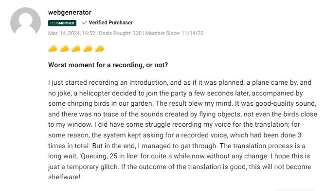 Authentic user review highlighting the effectiveness of OneTake AI tools