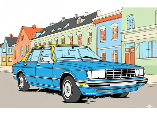 Bold vector art depiction of a ruined house and vehicle