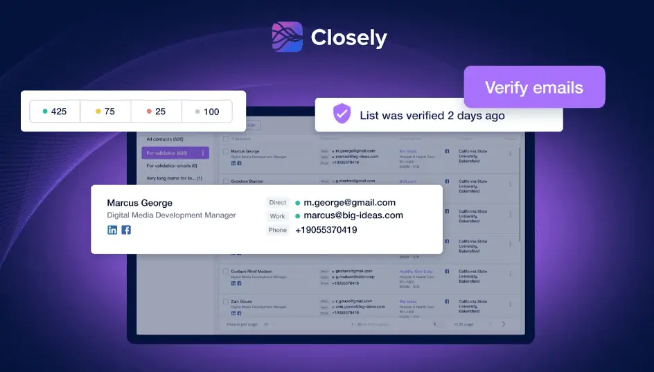 Built-in email verification tool interface showing verified contact lists.