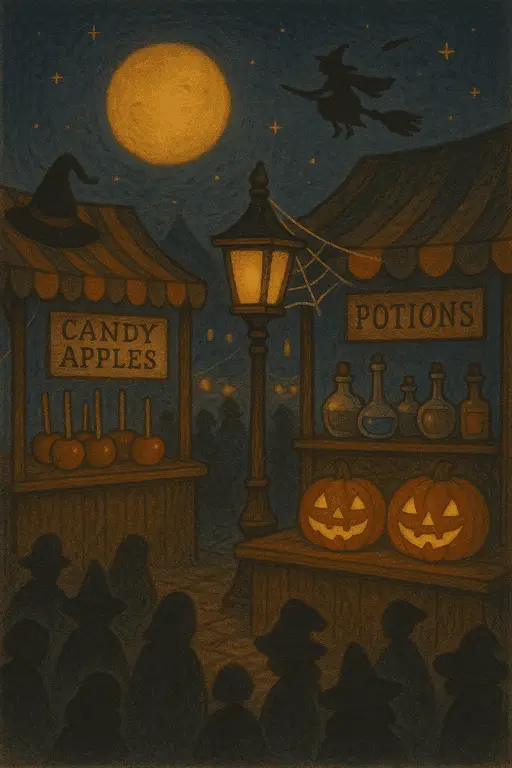 Bustling night market stall selling magical potions and sweet treats