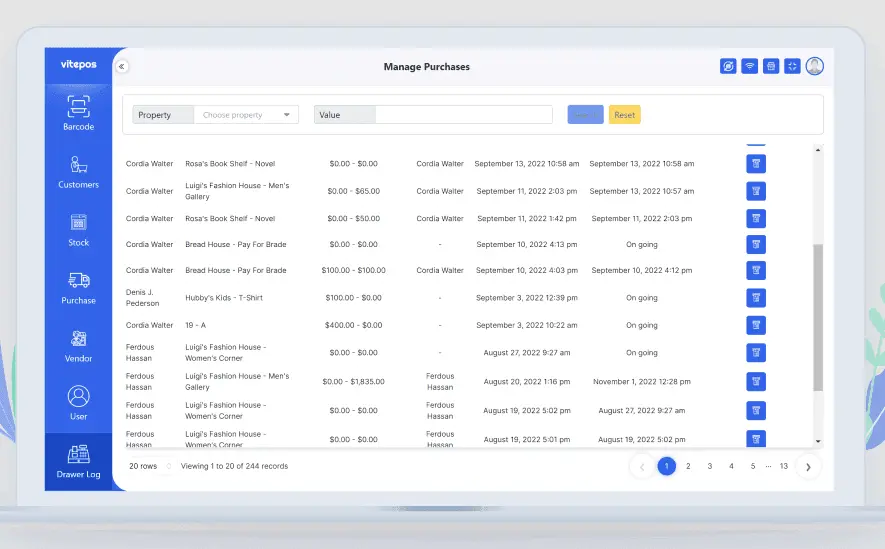 Cash drawer management settings in the Vitepos interface