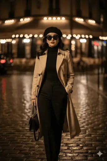 Chic woman walking effortlessly through a romantic Parisian street