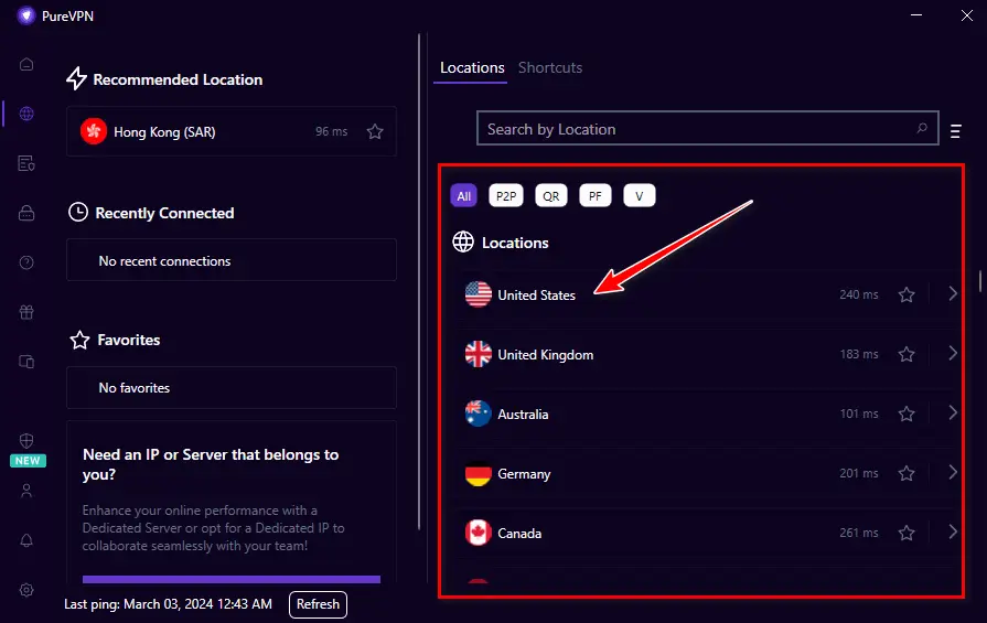 Choosing a specific country server within the PureVPN extension interface